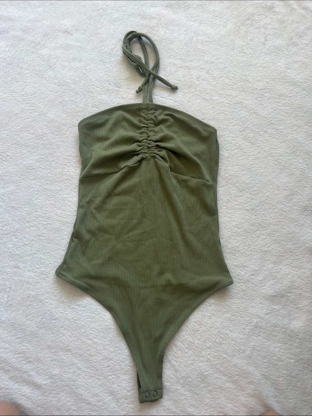 American Eagle Outfitters Olive Green Ribbed Halter Bodysuit
